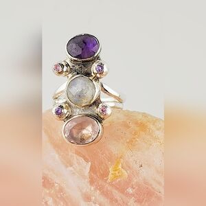 AMETHYST, ROSE QUARTZ & MOONSTONE RING HANDMADE STERLING SILVER SIZE 8.5